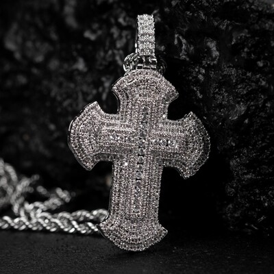 Mens Hip Hop Iced Cz White Gold Cross Pendant Necklace