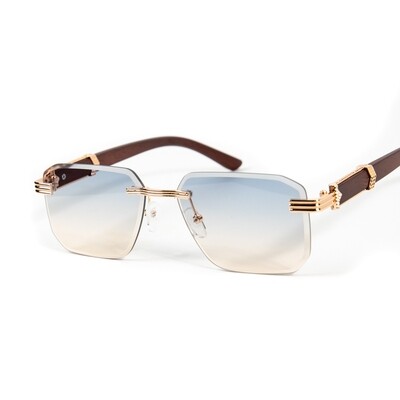 Rimless Gold Frame Grey &amp; Tan Gradient Tint Hip Hop Woodgrain Sunglasses