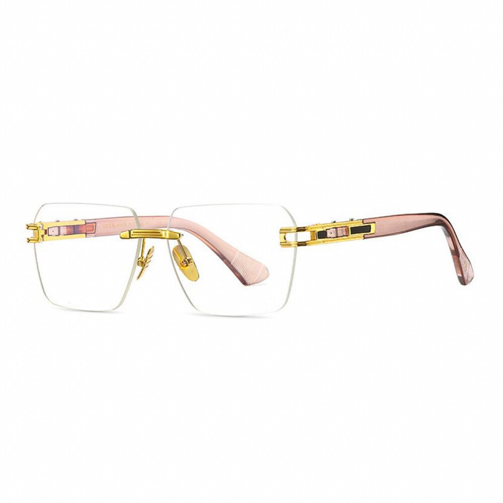 Men&#39;s Gold Frame Pink Arm Rimless Clear Lens Vintage Glasses