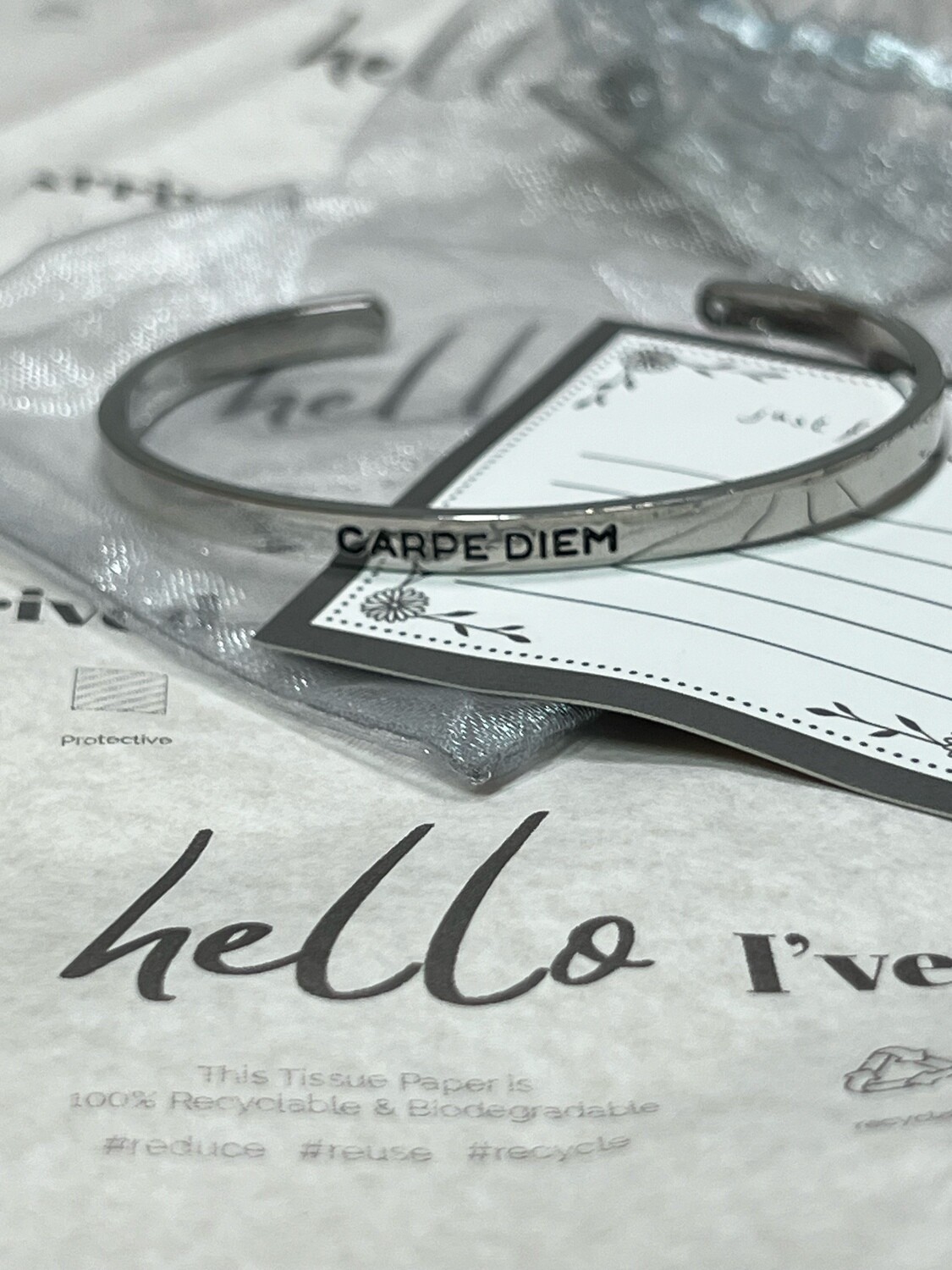 Engraved &#39;Carpe Diem&#39; Adjustable Cuff Bracelet Bangle