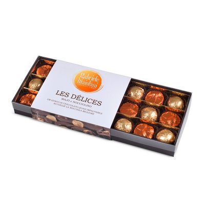 Boîte de pralines fourrées à la noisette Boîte de pralines fourrées à la noisette "LES DÉLICES" Majò & Nocciolino