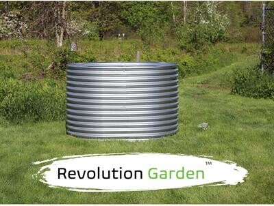 Tall metal raised garden bed for sale, an important ergonomic garden tool. Titled Revolution Garden (trademark). Raised garden bed dimensions are 4 1/2 feet long by 39 inches wide by three feet tall.