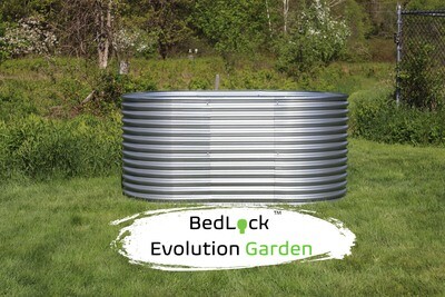 Tall raised garden bed for sale, an important ergonomic garden tool. Titled BedLock Evolution Garden (trademark). The BedLock mechanism is a fastener (not visible) approach that allows for easier disassembly.
Raised garden bed dimensions are 6 1/2 feet long by 39 inches wide by three feet tall.