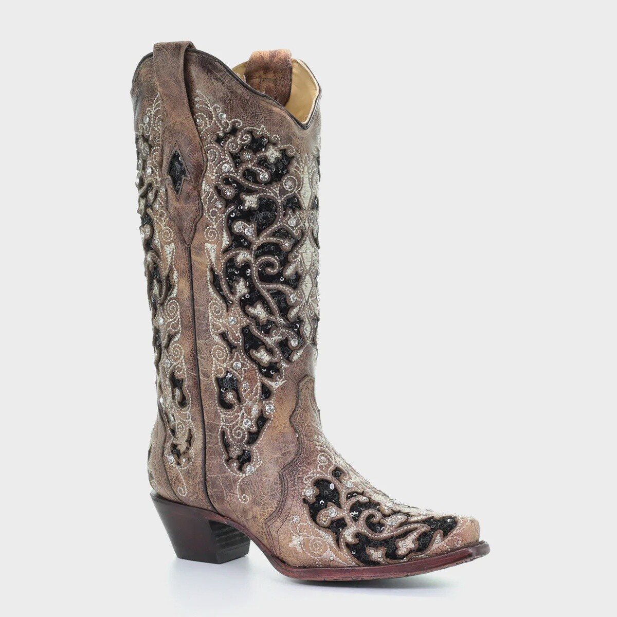 WOMEN’S CORRAL A3569 BROWN INLAY & FLOWERED EMBROIDERY, Colour: BROWN, Size: 6