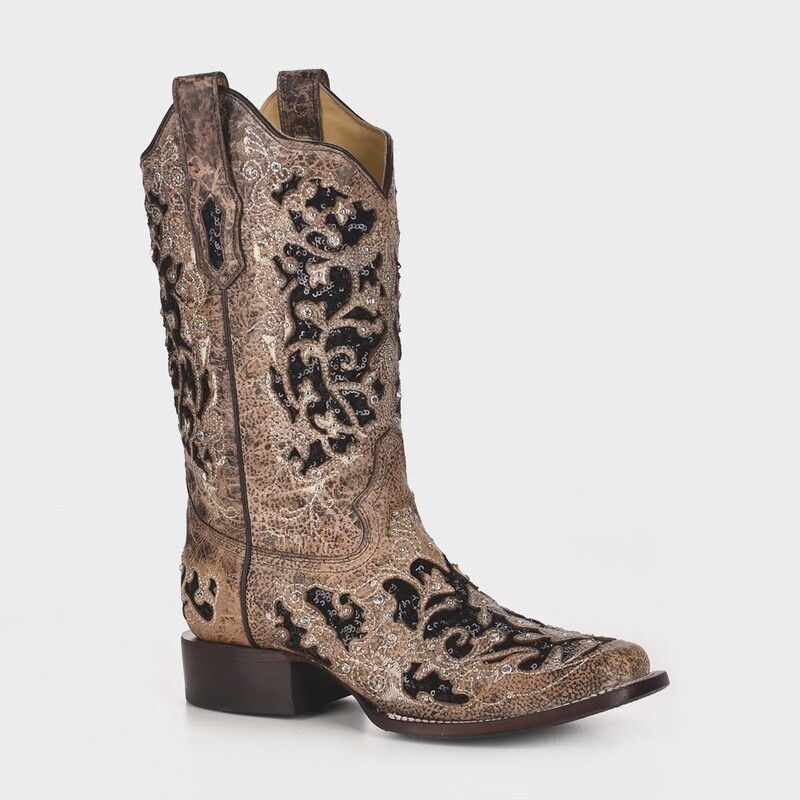 WOMEN'S CORRAL A3648 BROWN INLAY & FLOWERED EMBROIDERY