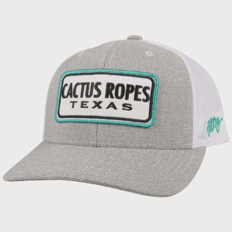 "CR064” Cactus Ropes Grey 5-Panel Trucker with White and Turquoise Logo - OSFA