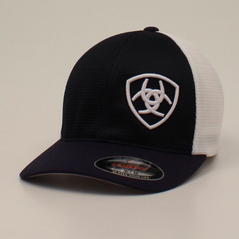 ARIAT MENS FLEXFIT CAP OFFSET SHIELD NAVY WHITE