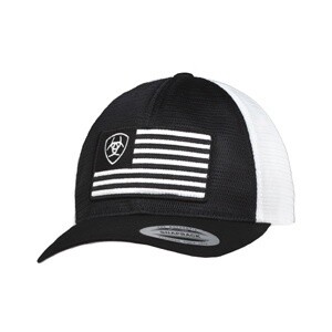 ARIAT MENS FLEXFIT CAP SHIELD FLAG BLACK WHITE