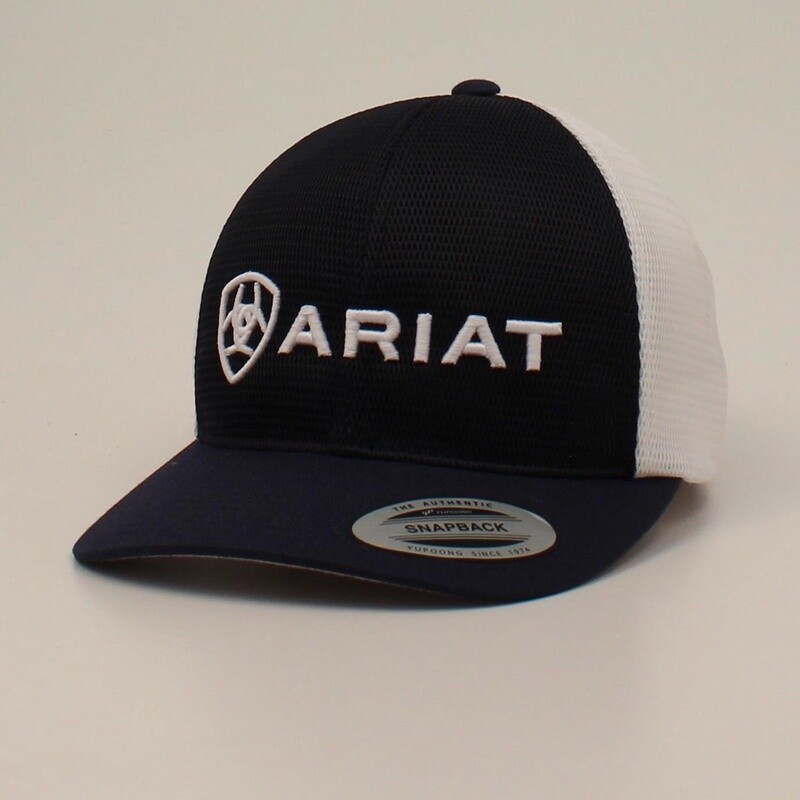 ARIAT MENS FLEXFIT CAP SNAP BACK EMBROIDERED LOGO NAVY WHITE