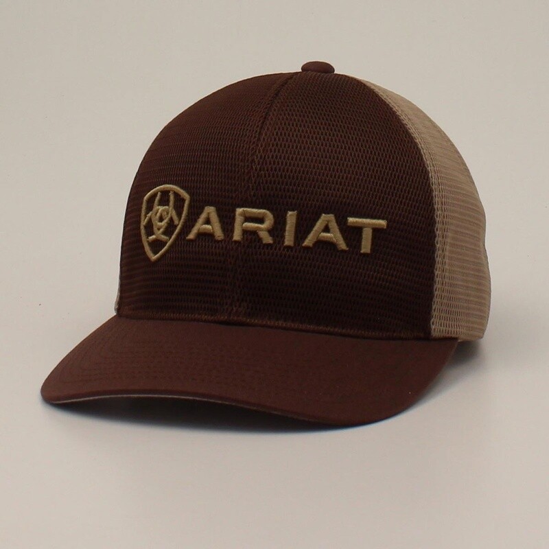 ARIAT MENS FLEXFIT CAP EMBROIDERED LOGO BROWN KHAKI