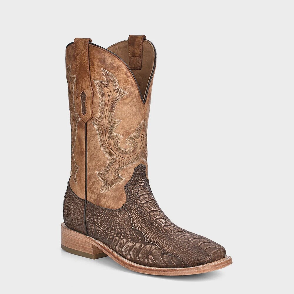 MEN’S CORRAL A4289 BROWN/SAND OSTRICH LEG EMBORDERY WIDE SQUARE TOE, Colour: BROWN, Size: 7