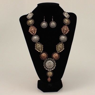 SILVER STRIKE NECKLACE AND EARRING SET FLOWER CONCHO SILVER GOLD COPPER