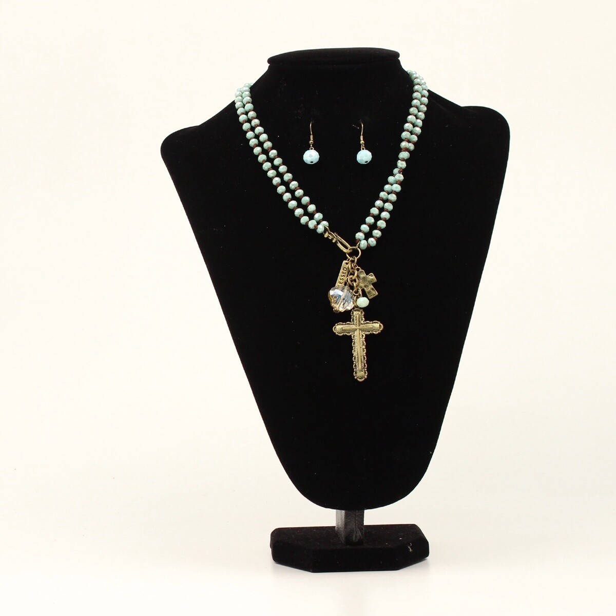 BLAZIN ROXX NECKLACE AND EARRING SET CROSS CHARM TURQUOISE, Colour: TURQUOISE