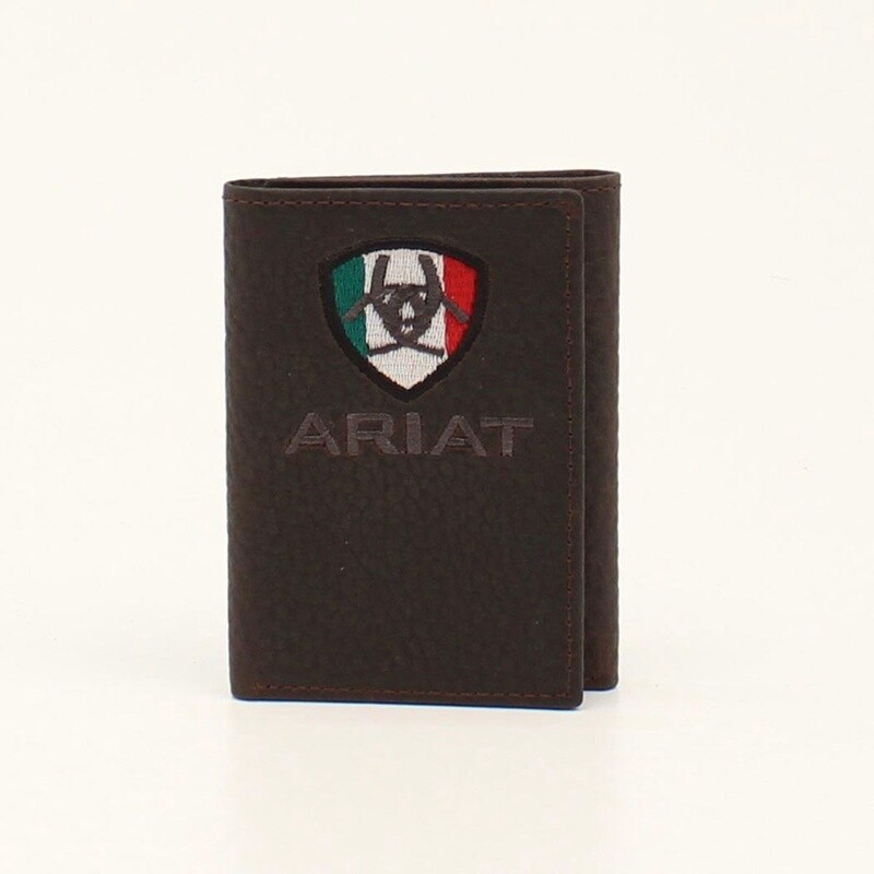 ARIAT MENS TRIFOLD WALLET MEXICO FLAG LOGO BROWN ROWDY