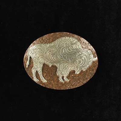 OVAL BUCKLE HAMMERED EDGE COPPER BACKGROUND SILVER BUFFALO