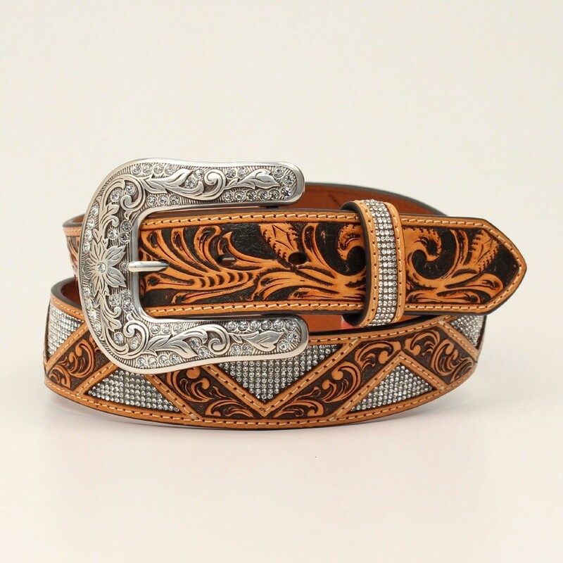 ANGEL RANCH LADIES BELT 1 1/2 ZIG ZAG STONES FLORAL TOOLED TAN