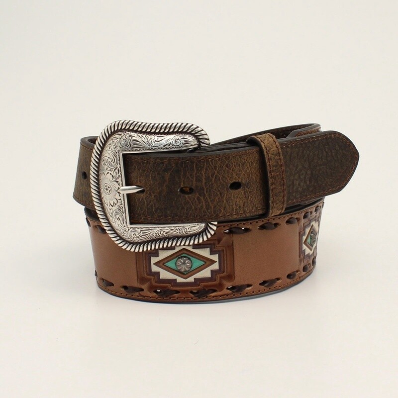 NOCONA MENS BELT 1 1/2 DIAMOND SOUTHWESTERN LACING BROWN