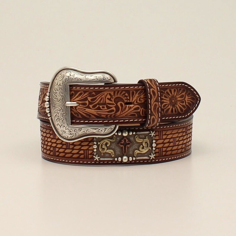 3D MENS BELT 1 1/2 FLORAL TABS RECTANGLE CROSS CONCHO TAN