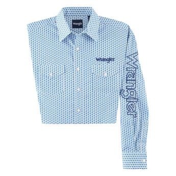 112318482 - Wrangler® Logo Long Sleeve Shirt - Blue, Colour: BLUE, Size: S