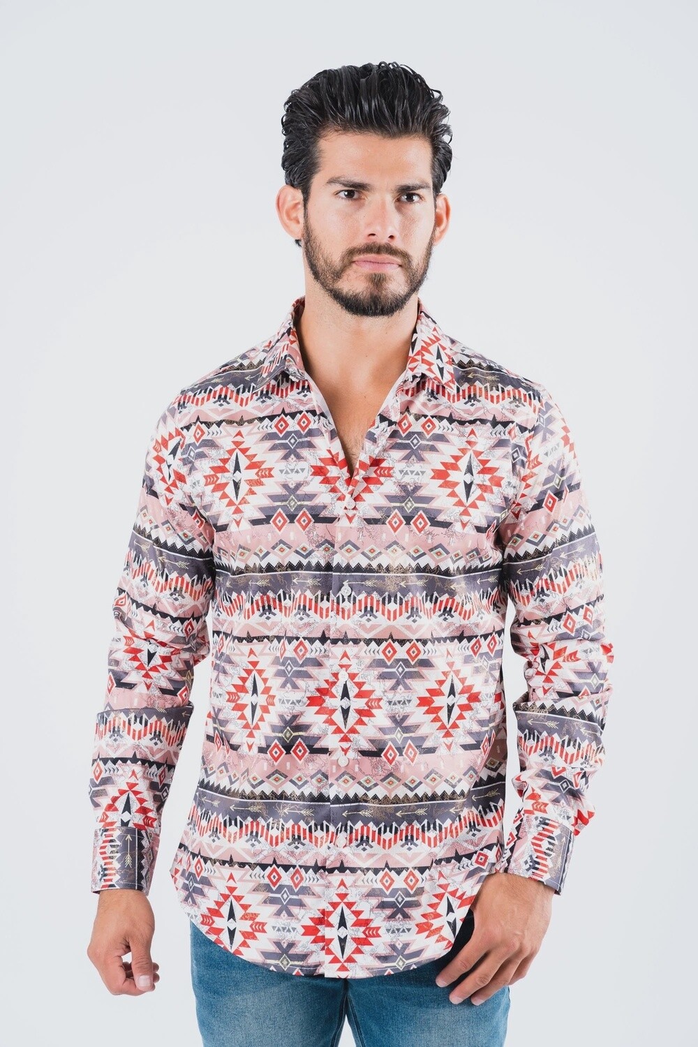 MEN'S PLATINI SATIN BEIGE AZTEC DIGITAL PRINT DRESS SHIRT FPL8812
