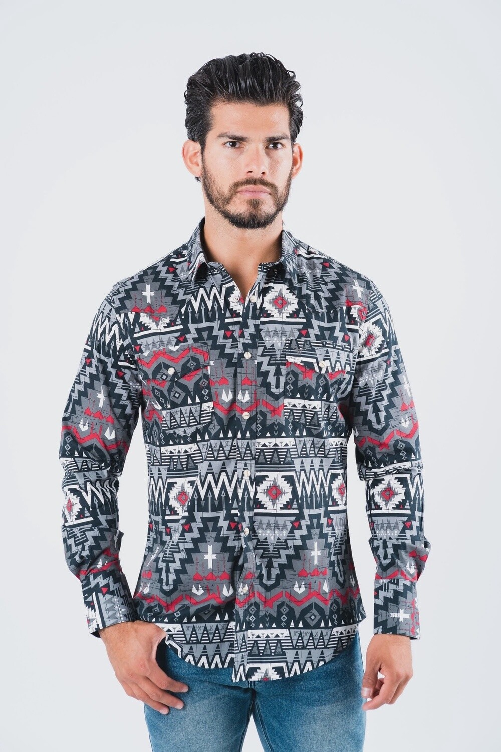 MEN'S PLATINI COTTON BLACK AZTEC DIGITAL PRINT DRESS SHIRT AZL8664