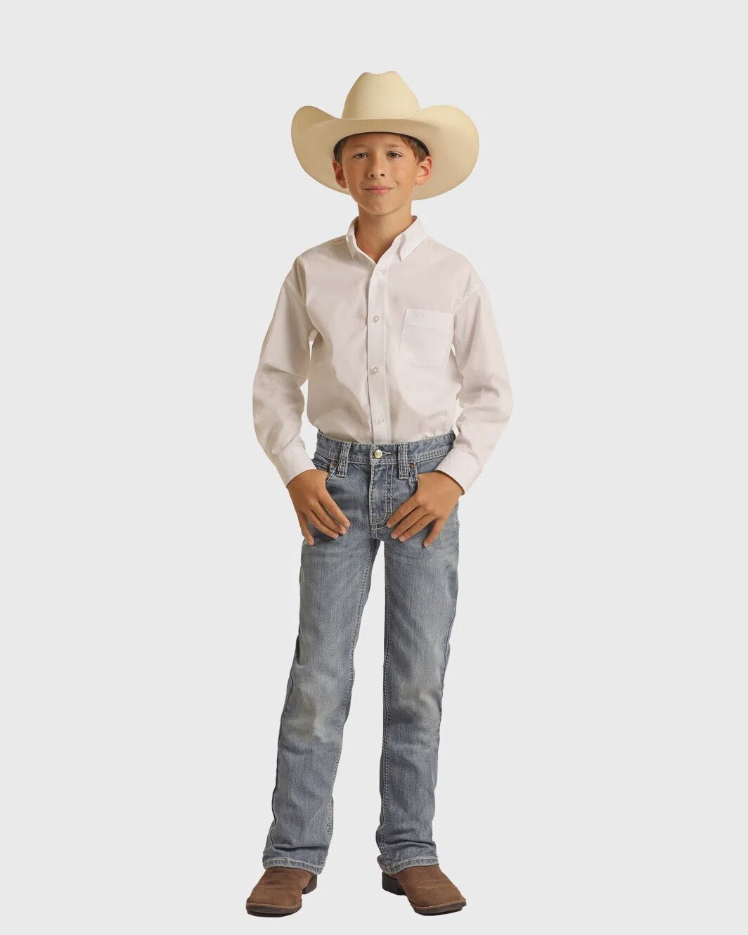 PSBSODR07S Panhandle Select Boy's Long Sleeve Western Shirt- White, Colour: WHITE, Size: XS