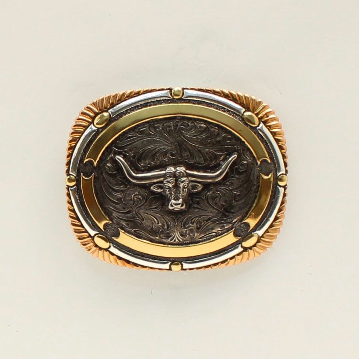 CRUMRINE RECTANGLE BUCKLE LONGHORN ROPE EDGE C10112, Colour: ANTIQUE GOLD & ANTIQUE SILVER