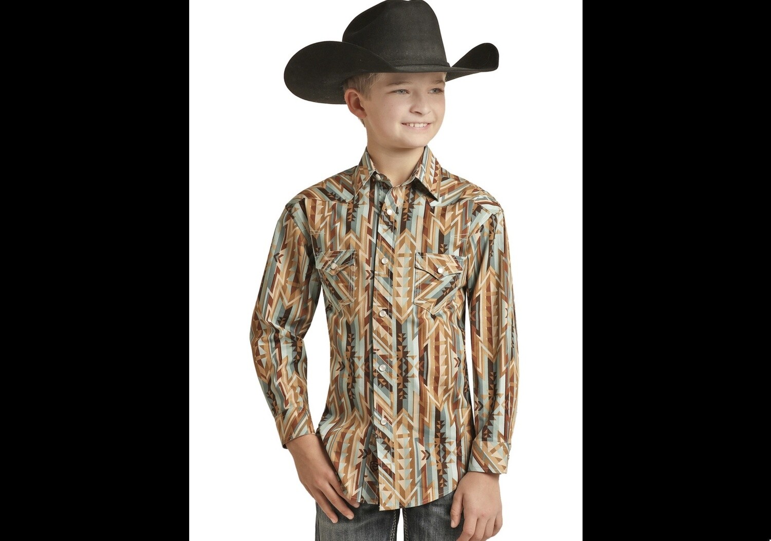 Rock & Roll Boy's Brown Long Sleeve Aztec Stripe Snap RRBSOSR09J, Colour: BROWN AZTEC, Size: XS