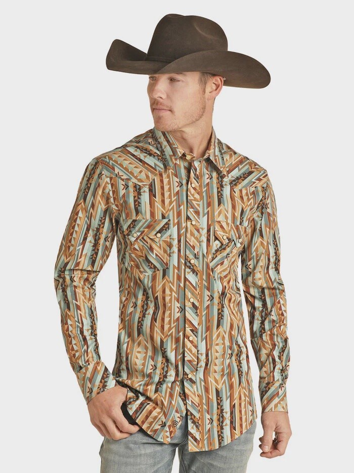 Rock & Roll Men's  Long Sleeve Aztec Stripe Snap RRMSOSR09J, Colour: AZTEC, Size: S