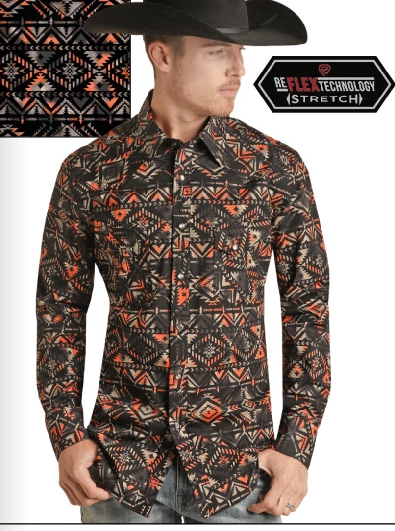 RRMSOSR08S MENS ROCK AND ROLL LS PEACH AZTEC WOVEN SNAP, Colour: PEACH, Size: S