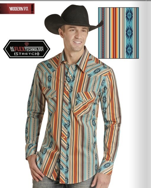 RRMSOSR095 MENS ROCK AND ROLL LS AZTEC STRIPED WOVEN SNAP, Colour: TAN, Size: S