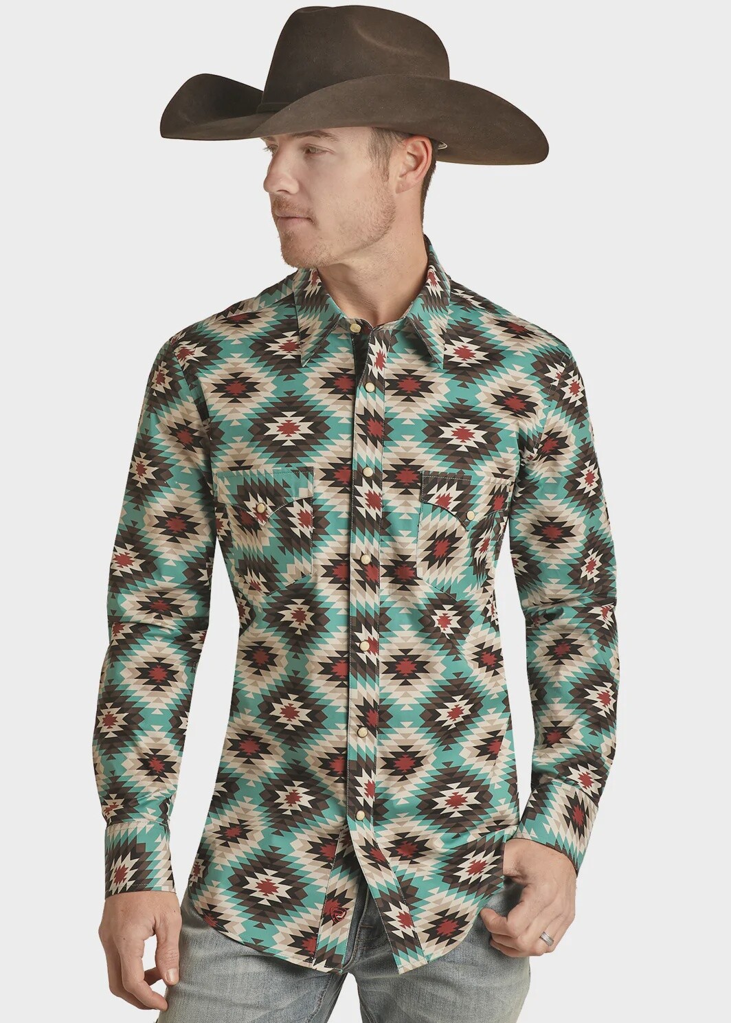 RRMSOSR098 MENS ROCK AND ROLL LS AZTEC WOVEN SNAP, Colour: TEAL, Size: S