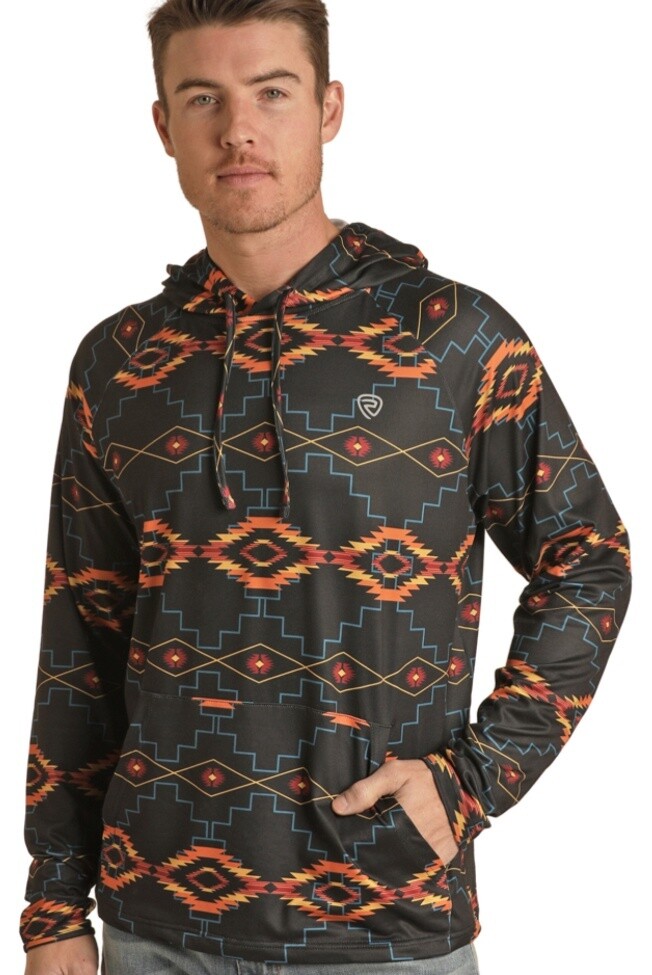 RRMT94R0JL ROCK AND ROLL DENIM MENS BLACK AZTEC PERFORMANCE PRINTED HOODIE, Colour: BLACK, Size: S