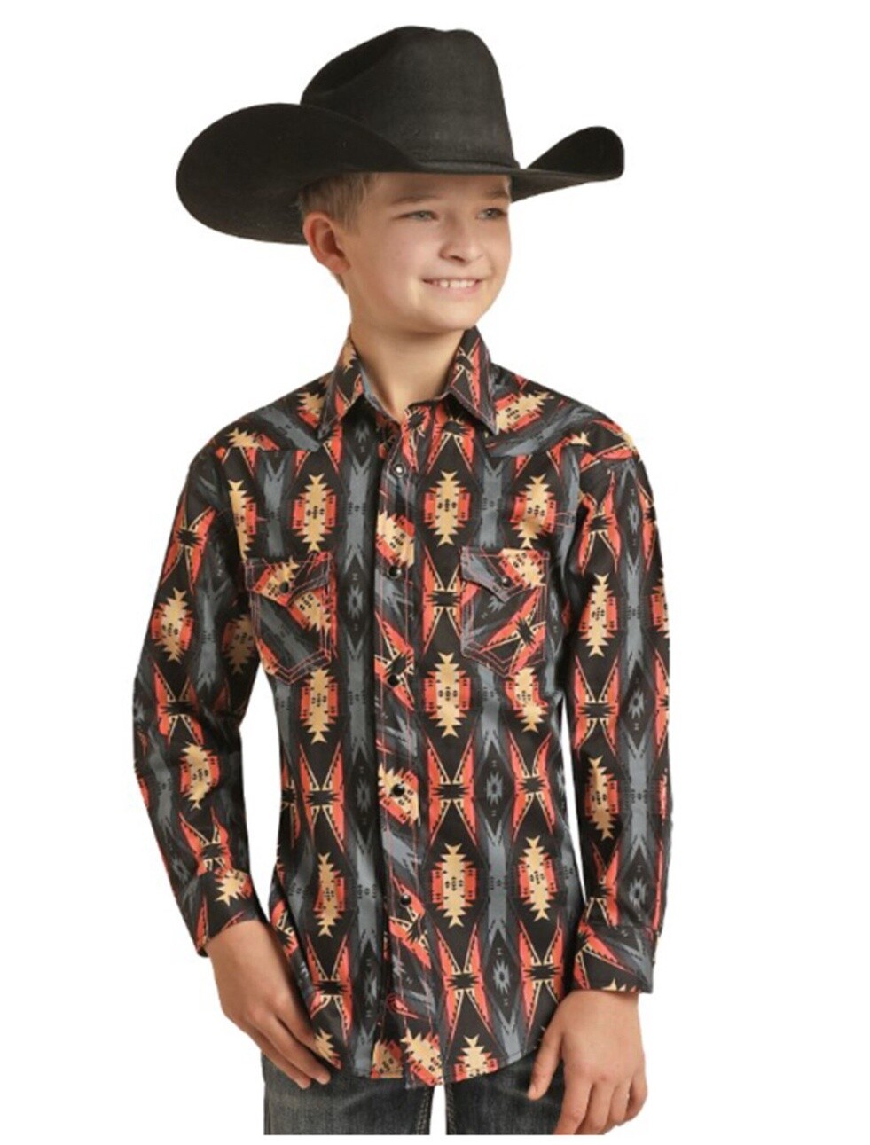 RRBSOSR08Q ROCK AND ROLL DENIM BOYS PEACH SOUTHWEST PRINT LONG SLEEVE SHIRT, Colour: PEACH, Size: XS
