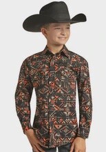 RRBSOSR08S ROCK AND ROLL DENIM BOYS PEACH AZTEC LONG SLEEVE WESTERN SHIRT, Colour: PEACH, Size: XS