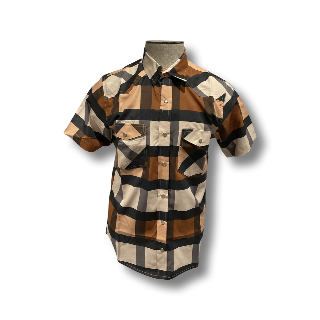 MEN’S AMERICAN WEST SHORT SLEEVE PRINTED SHIRT STYLE NO. 34, Colour: TAN CHECK, Size: S