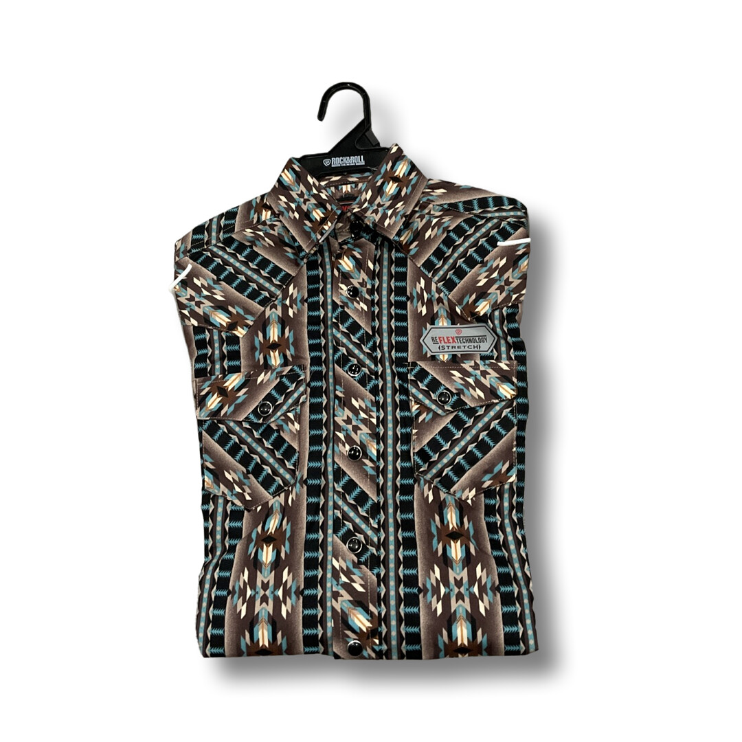 BOYS ROCK & ROLL DENIM LS AZTEC STRIPE SNAP SHIRT RRBSOSR09B, Colour: TEAL, Size: XS