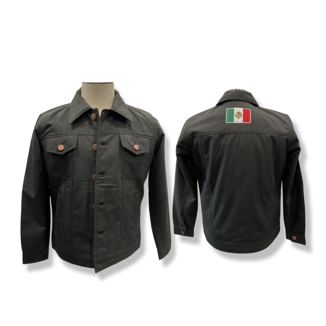 MENS AMERICAN WEST  BONDED FLEECE DENIM JACKET MEXICO FLAG, Colour: BLACK, Size: S