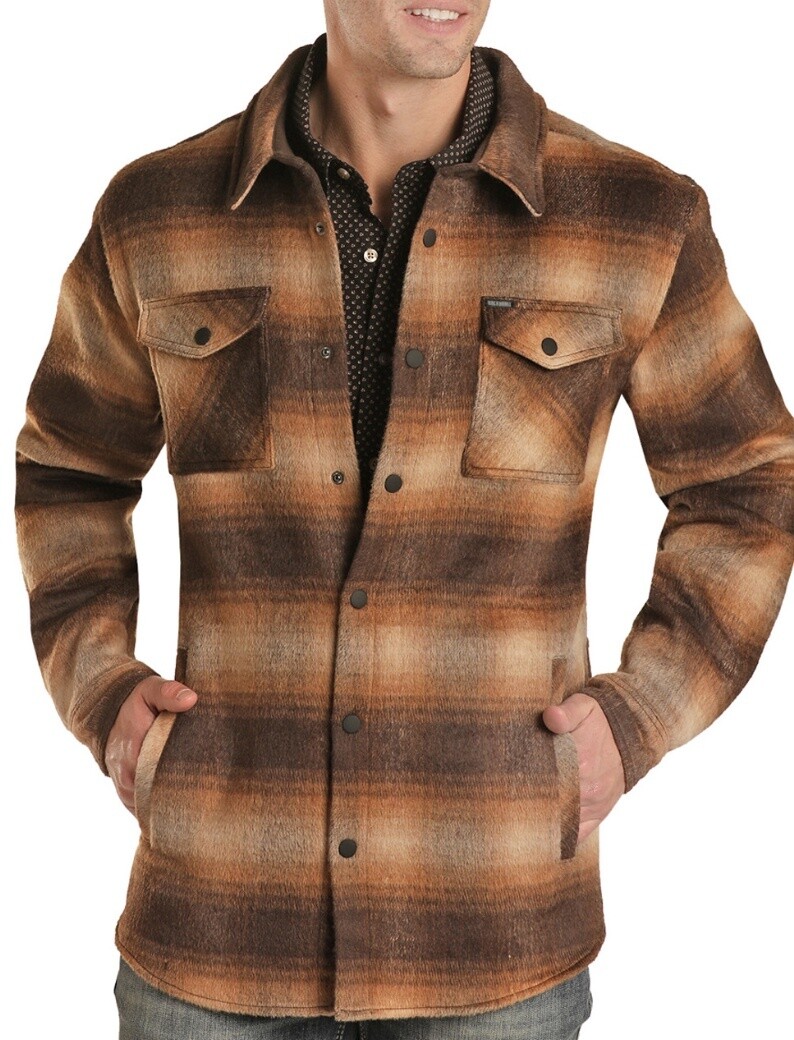 MENS ROCK & ROLL DENIM PLAID SHIRT JACKET DARK BROWN  RRMO92R08G, Colour: DARK BROWN, Size: XS