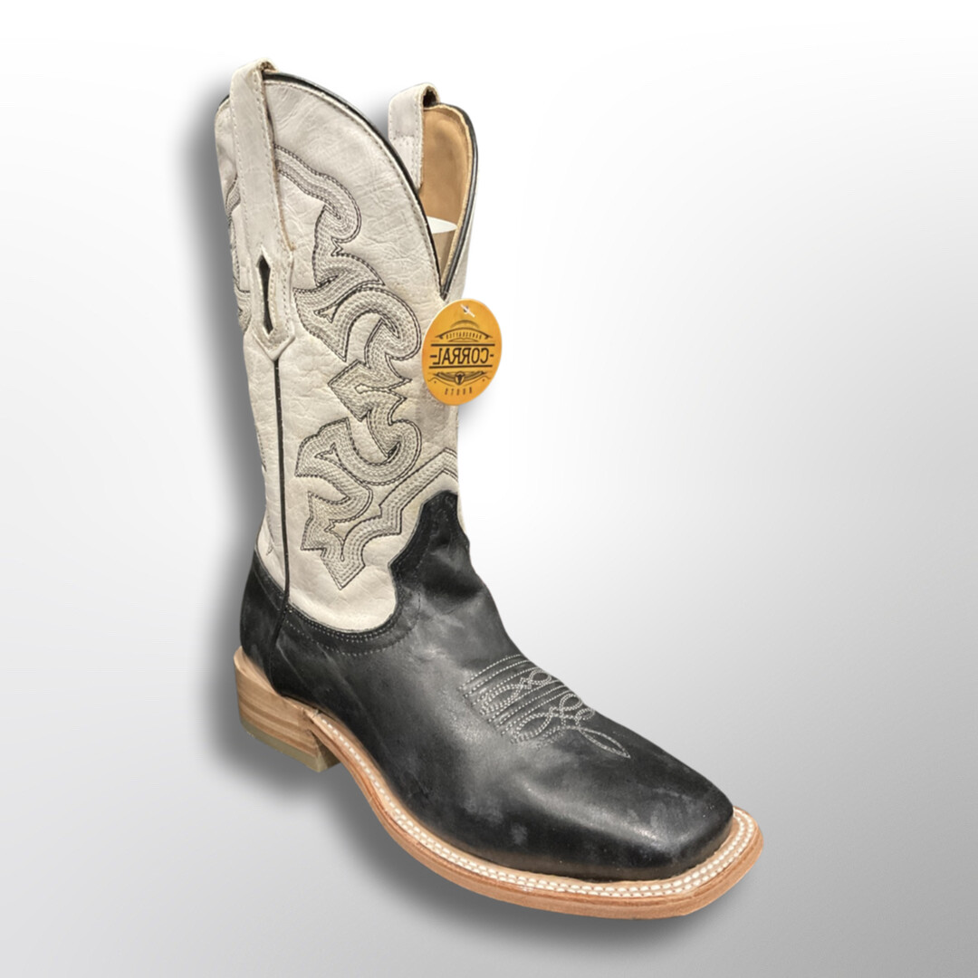 MENS CORRAL DISTRESSED BLACK / WHITE EMBROIDERY SQUARE TOE BOOTS A4348