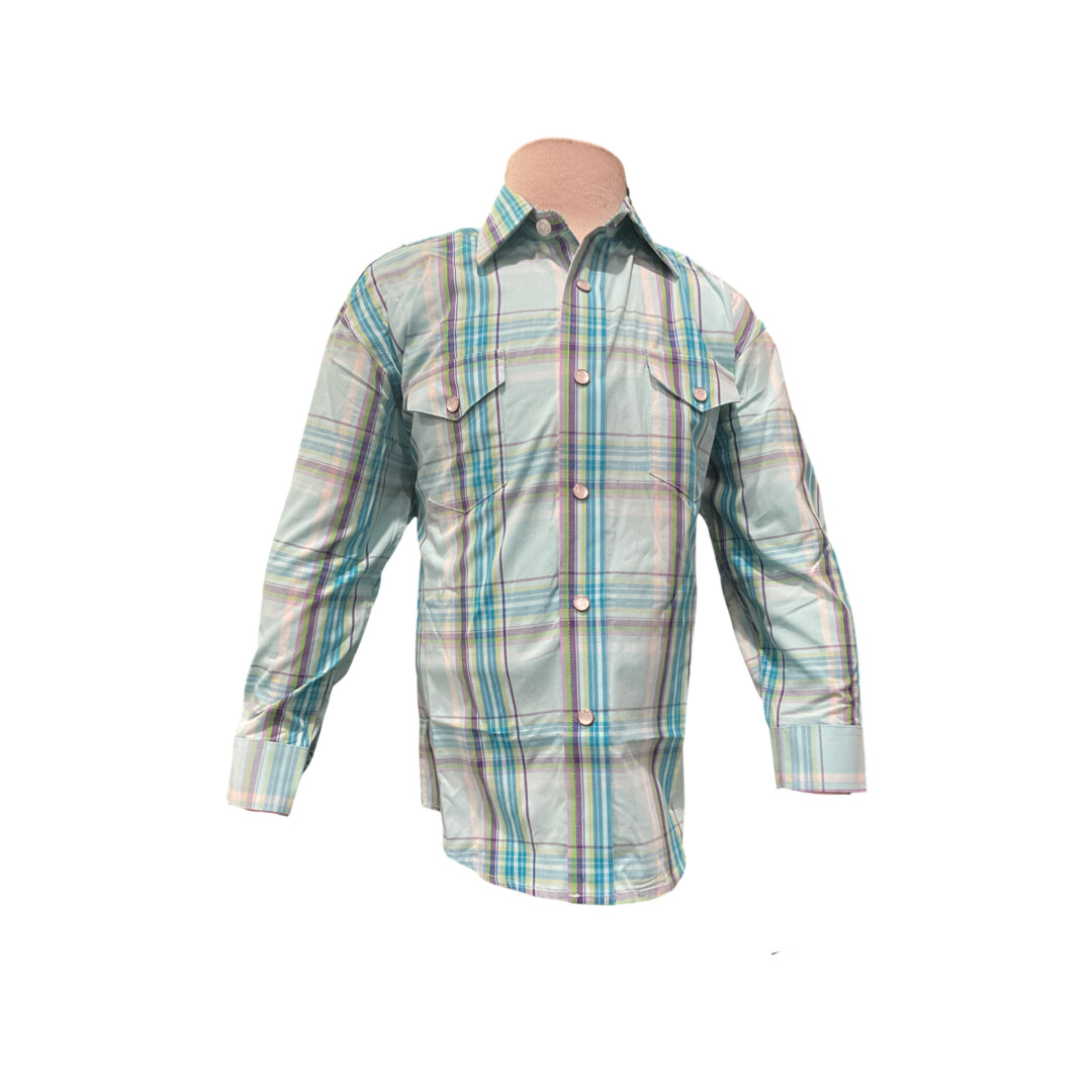 BOYS PANHANDLE LONG SLEEVE PLAID SNAP PSBSOSR0LU, Colour: TURQUOISE, Size: XS