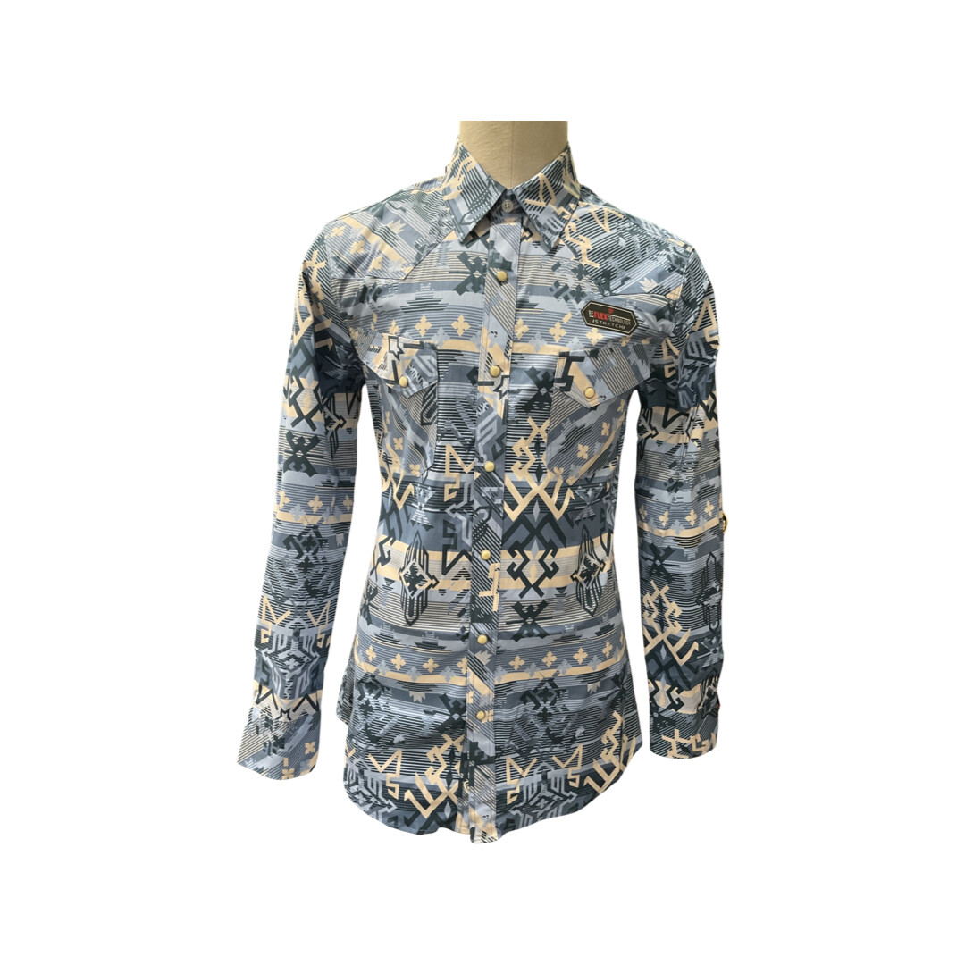 MENS ROCK N ROLL DENIM LONG SLEEVE AZTEC WOVEN SNAP RRMSOSR0PV, Colour: BLUE, Size: S