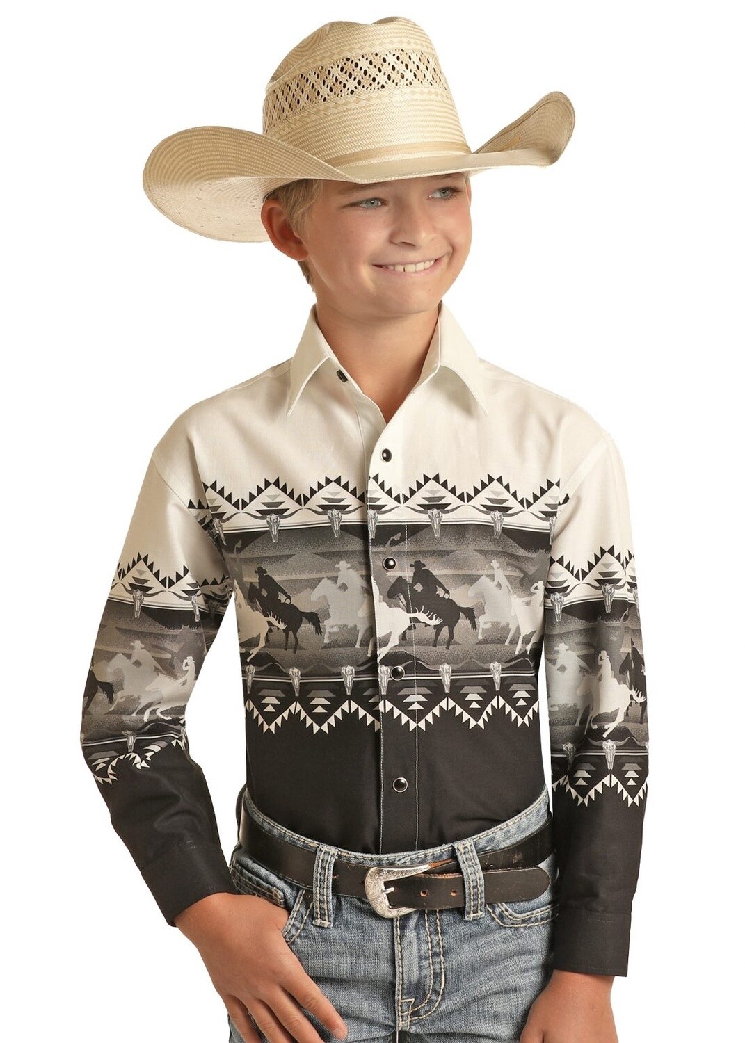 BOYS PANHANDLE LONG SLEEVE BORDER SHIRT PHBSOSR0MU, Colour: BLACK, Size: XS