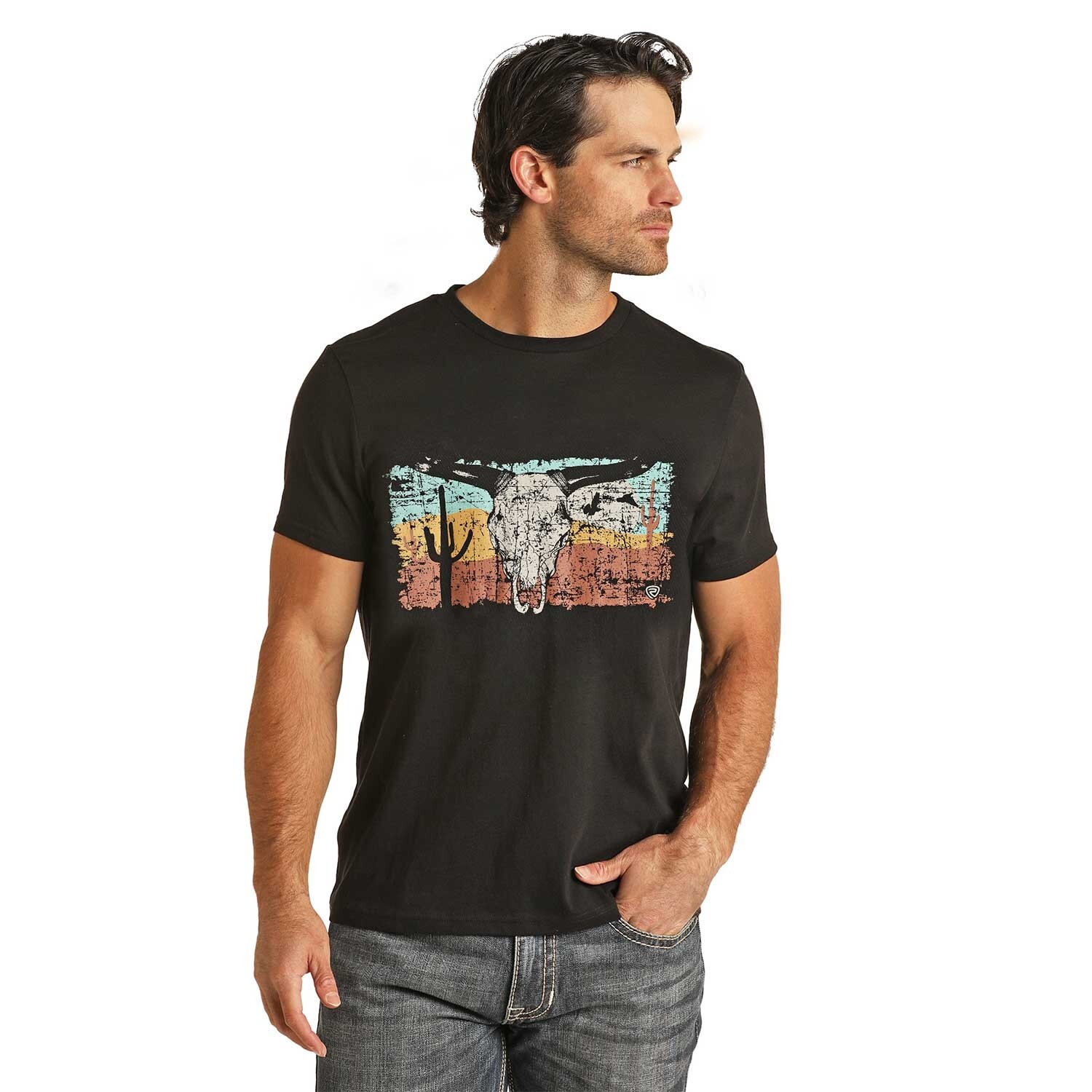 MENS ROCK N ROLL DENIM GRAPHIC TEE RRUT21R12H, Colour: BLACK, Size: XS