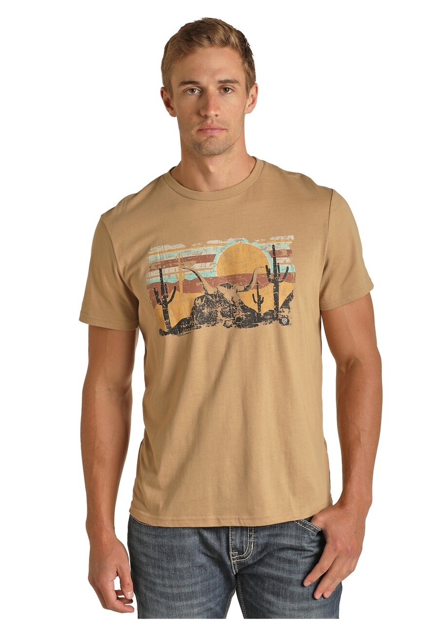 MENS ROCK N ROLL DENIM GRAPHIC TEE RRUT21R12J, Colour: TAUPE, Size: XS