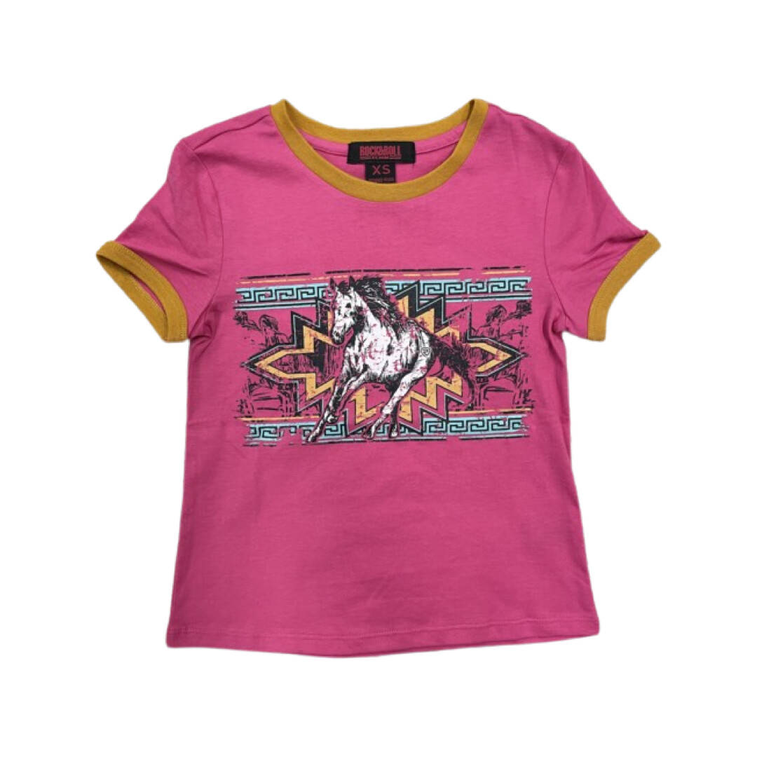 GIRLS ROCK N ROLL DENIM HORSE GRAPHIC TEE RRGT21R113, Colour: HOT PINK, Size: XS