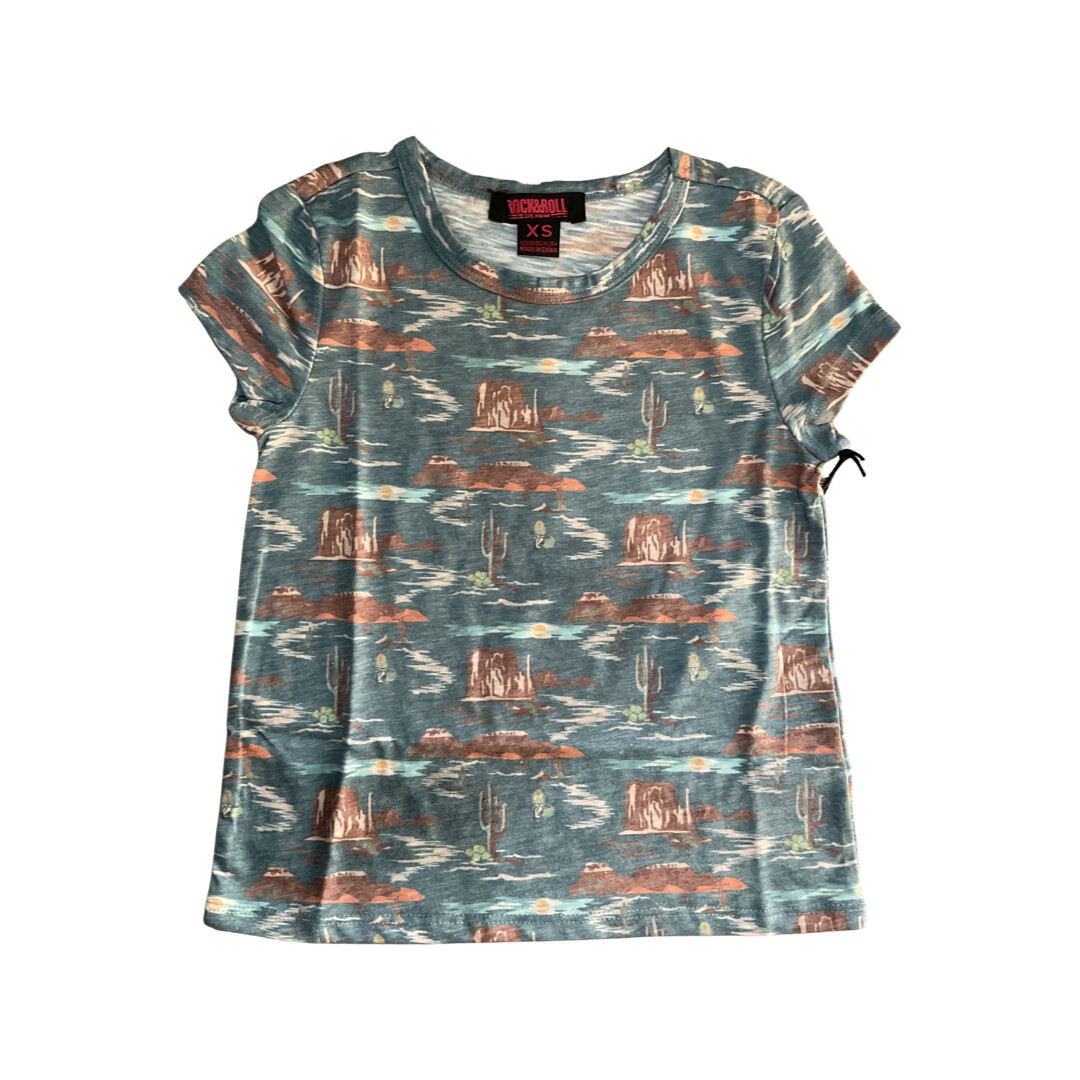 GIRLS ROCK N ROLL DENIM SCENERY PRINT TEE RRGT21R0Y4, Colour: TEAL, Size: XS