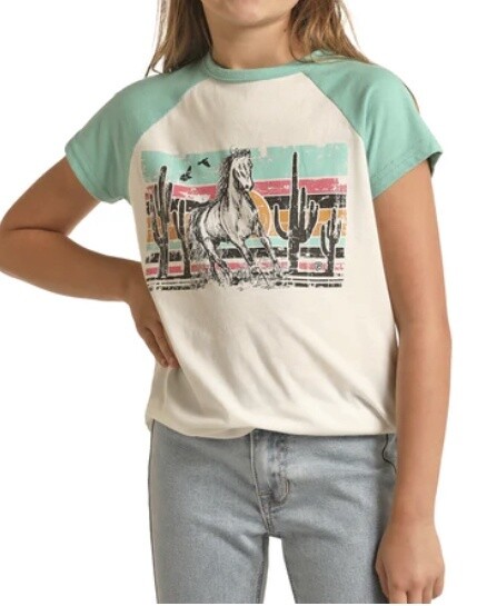 GIRLS ROCK N ROLL DENIM HORSE GRAPHIC RAGLAN TEE RRGT21R10Y, Colour: WHITE, Size: XS