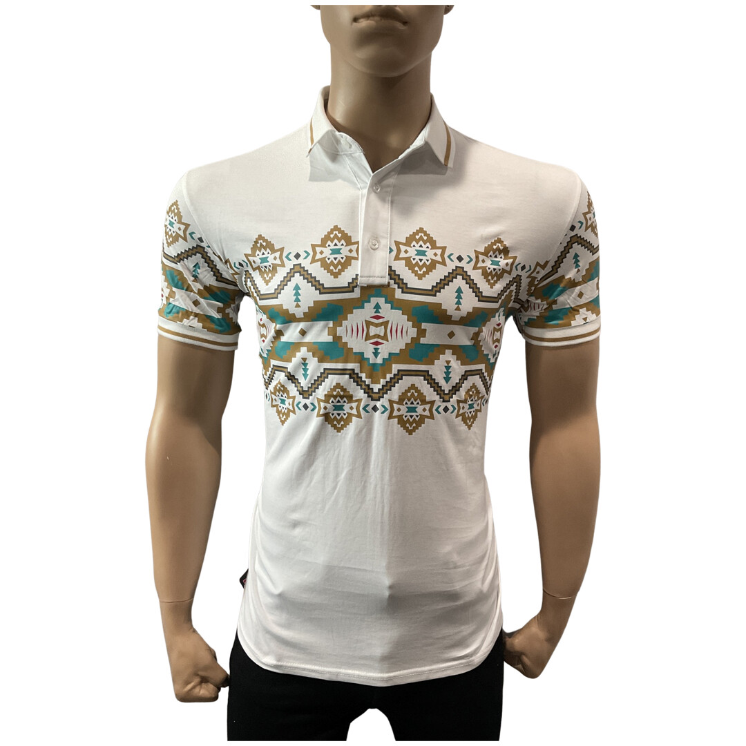 MENS PLATINI STRIPE PRINT AZTEC POLO JPS9134, Colour: WHITE, Size: S