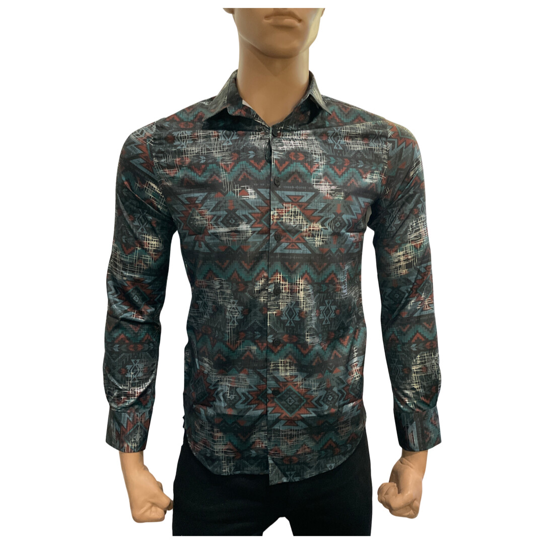 MENS PLATINI AZTEC PRINT LONG SLEEVE FPL9171, Colour: BLACK, Size: S